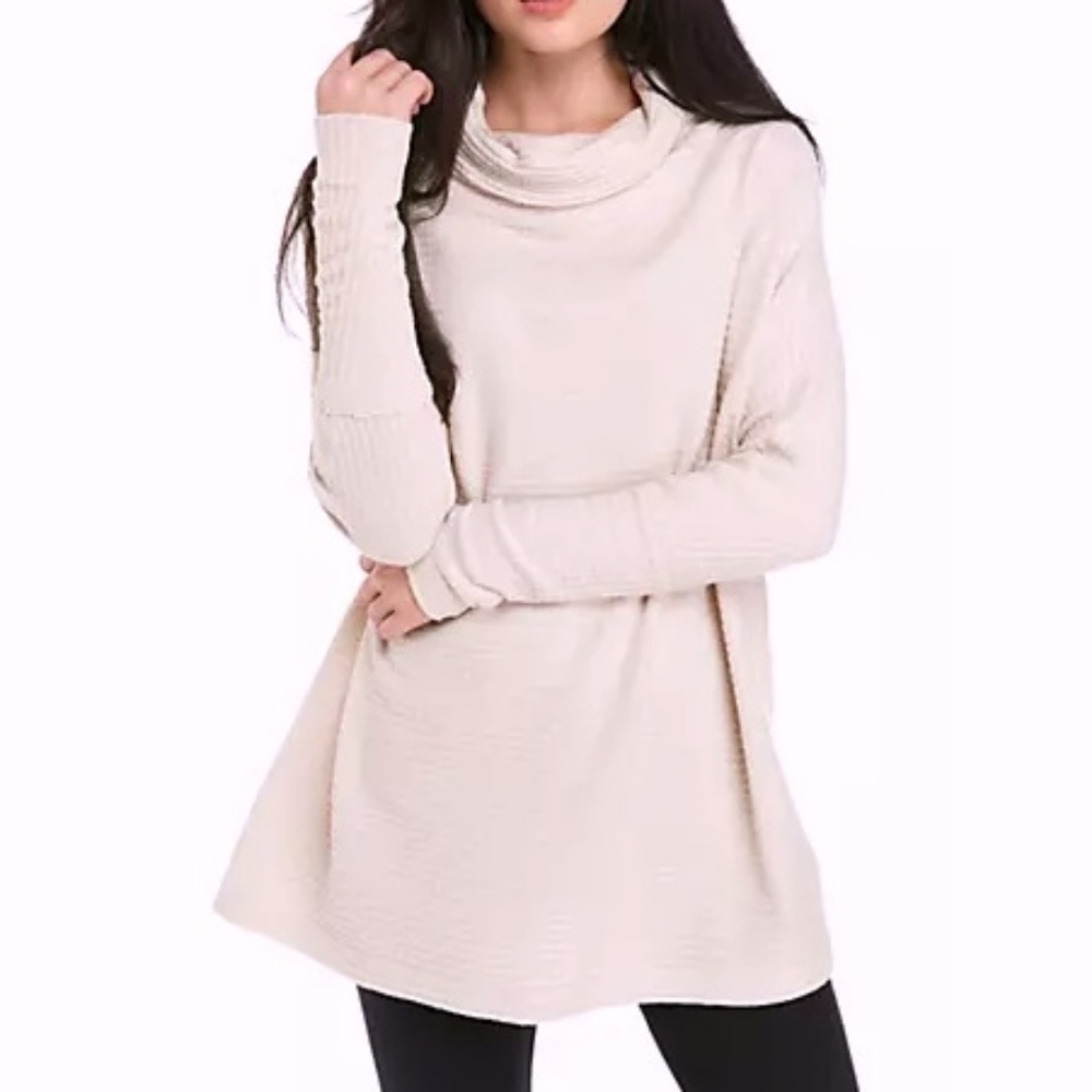 Free People Kitty Thermal Waffle Knit Top Cream Pink Mockneck Long Sleeve Size S